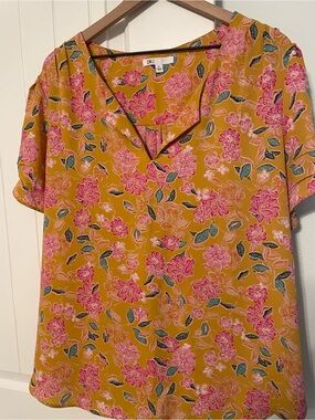 DR2 Mustard Floral V-Neck Short Sleeve Blouse with Pink Blooms